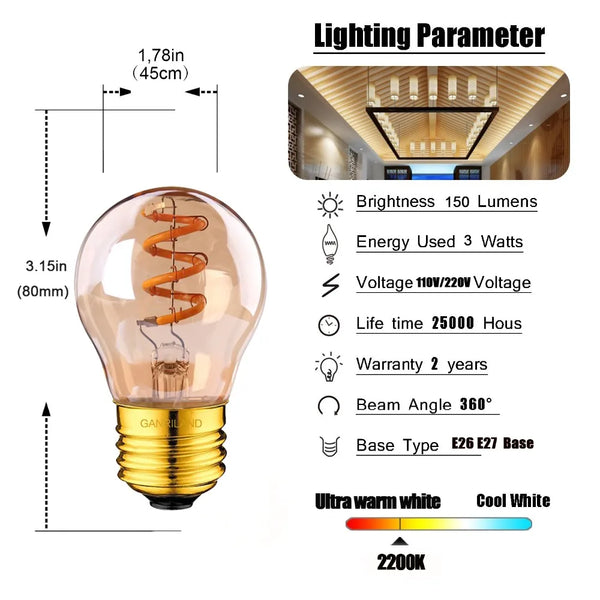 GANRILAND G45 Spiral LED Bulb – 3W E26/E27, Amber 2200K Edison Glow