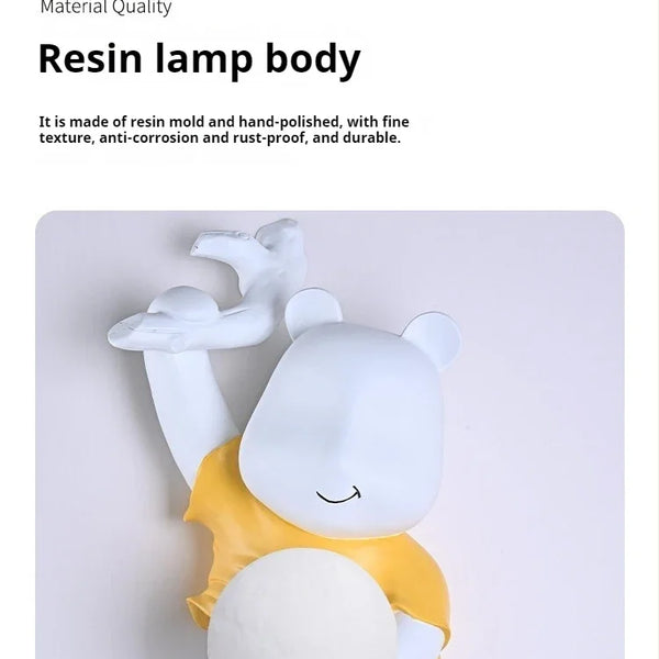 Bear shaped wall lamp, resin LED light with moon glass lampshade