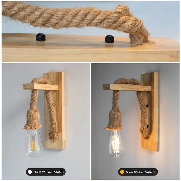 Wooden wall lamp with hemp rope Retor 110V 220V
