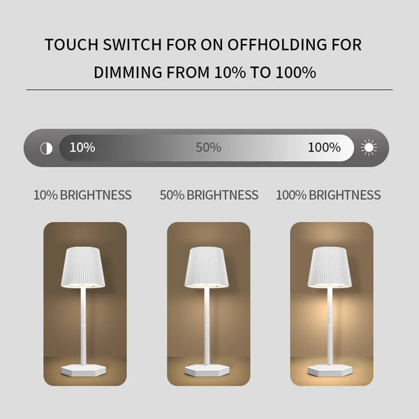 Rechargeable LED table lamp with touch switch and 3 levels of dimmable intensity.