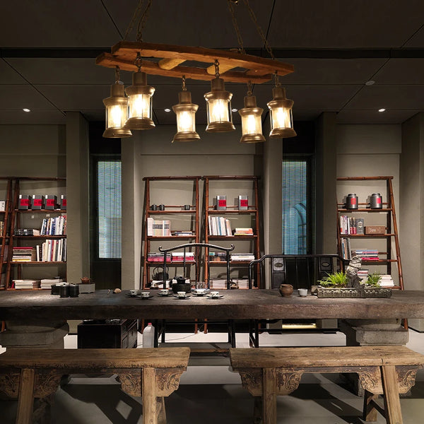 Retro industrial wood and iron pendant light with LED, pendant light with metallic sheen