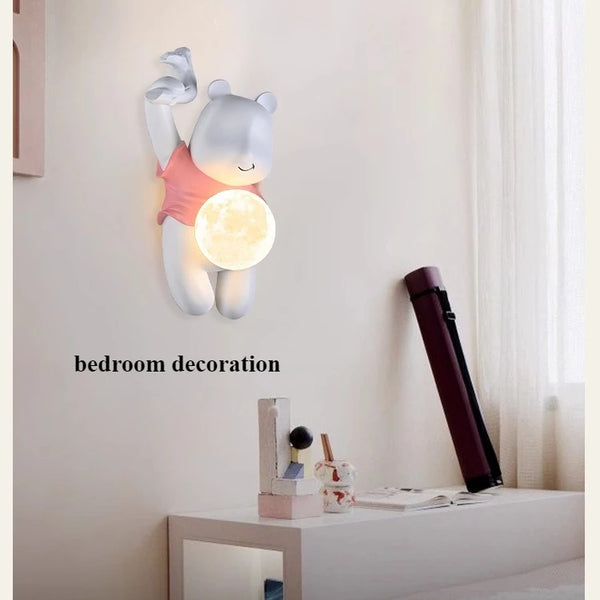 Bear shaped wall lamp, resin LED light with moon glass lampshade