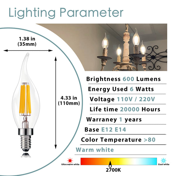 LED Candle Light Bulbs – C35 6-Pack, 2700K Warm Glow, E12/E14 Base