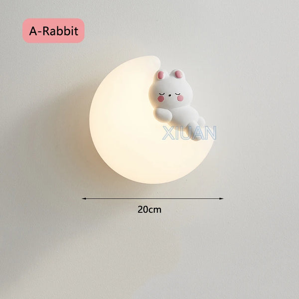 Romantic wall lamps in the shape of a rabbit and a bear, moon