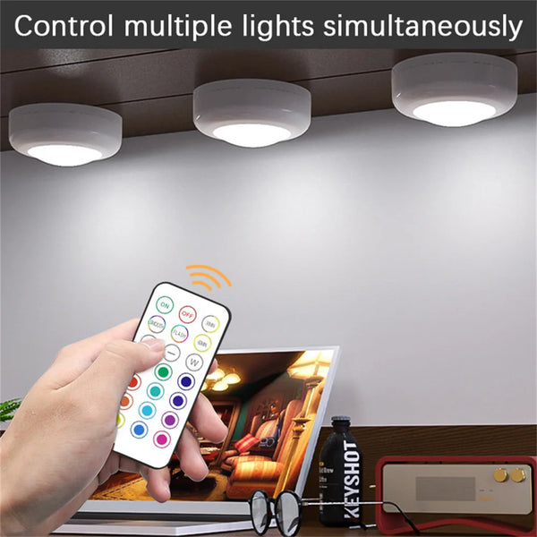 Wireless battery-powered LED lights with RGB colors for cabinets