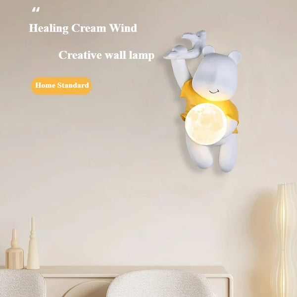 Bear shaped wall lamp, resin LED light with moon glass lampshade