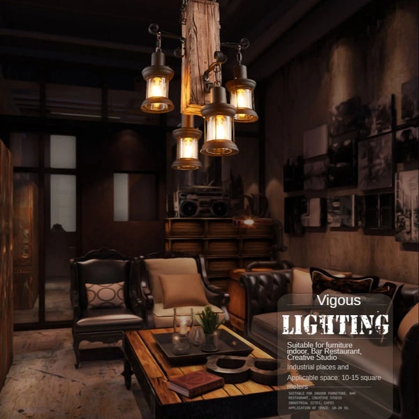 Retro industrial wood and iron pendant light with LED, pendant light with metallic sheen