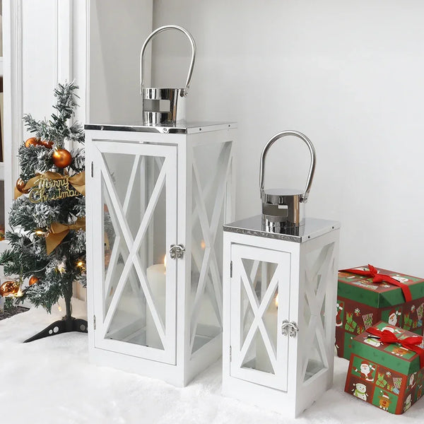 Farmhouse Wood Lantern Decorative Candle Holders with Tempered Glass & Stainless Steel Handle Hanging Lantern for Indoor Outdoor