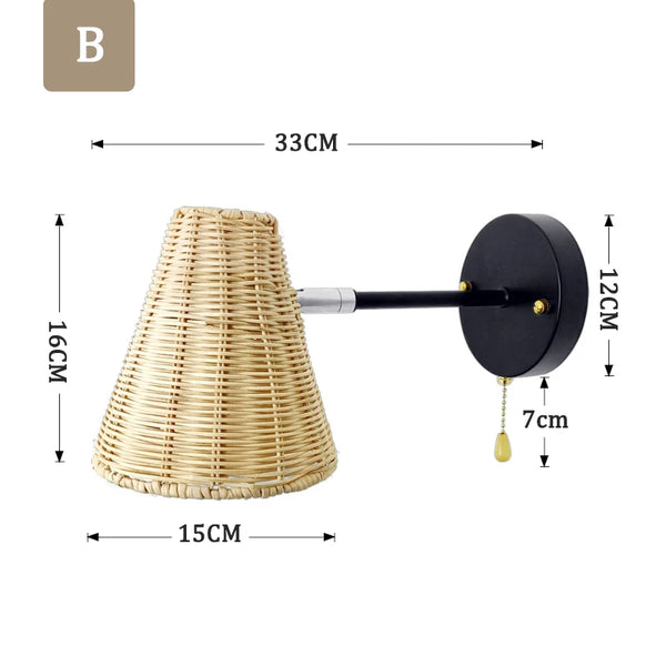 Retro Nordic rattan bedside wall lamps