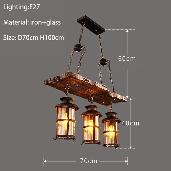Retro industrial wood and iron pendant light with LED, pendant light with metallic sheen