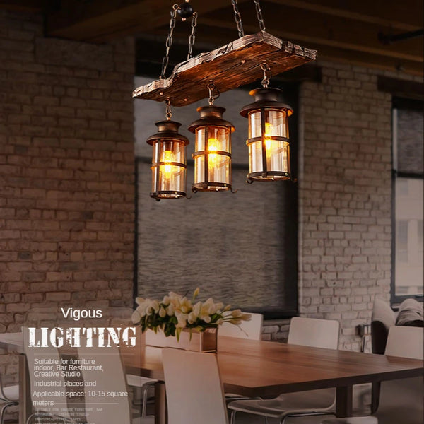 Retro industrial wood and iron pendant light with LED, pendant light with metallic sheen