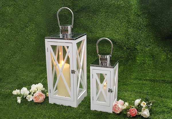 Farmhouse Wood Lantern Decorative Candle Holders with Tempered Glass & Stainless Steel Handle Hanging Lantern for Indoor Outdoor