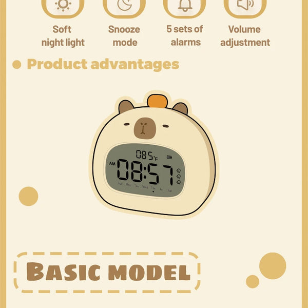Bedside LED Clock Kids Alarm Clock Children's Sleep Trainier Temperature Display With Rechargeable Control Digital Cute Capybara