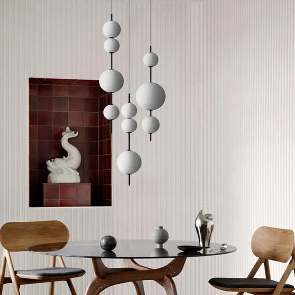 Modern LED pendant light with white glass sphere, interior decoration accessory