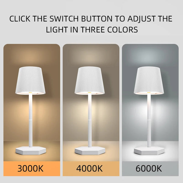 Rechargeable LED table lamp with touch switch and 3 levels of dimmable intensity.