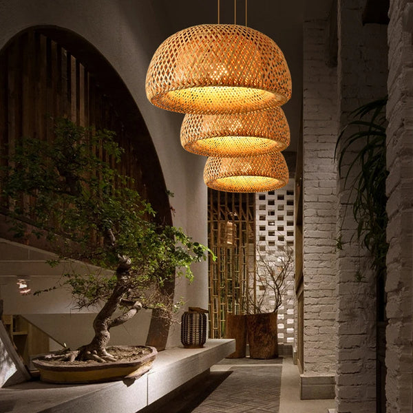 38cm Bamboo Pendant Light, Natural Rattan, Wicker, E27, LED, Chandelier, Lampshade, Handwoven,