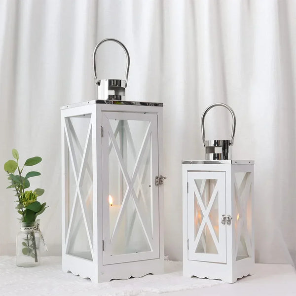 Farmhouse Wood Lantern Decorative Candle Holders with Tempered Glass & Stainless Steel Handle Hanging Lantern for Indoor Outdoor