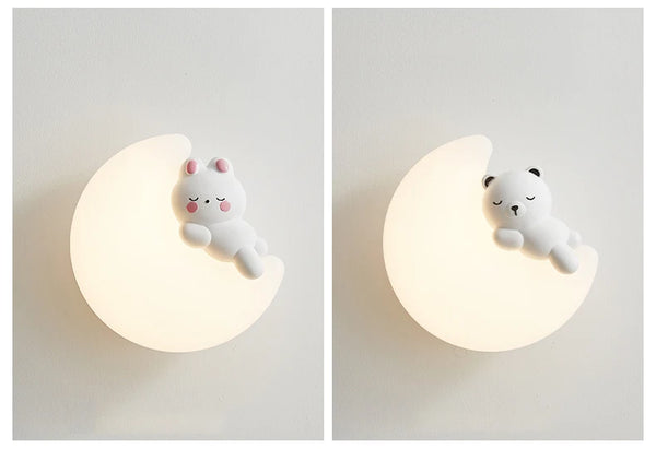 Romantic wall lamps in the shape of a rabbit and a bear, moon