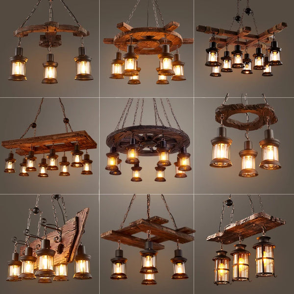 Retro industrial wood and iron pendant light with LED, pendant light with metallic sheen