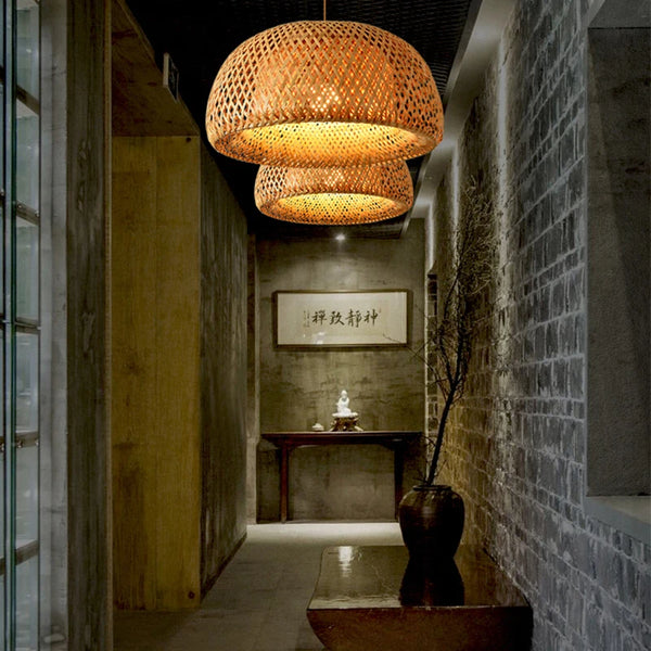 38cm bamboo pendant light, natural wicker