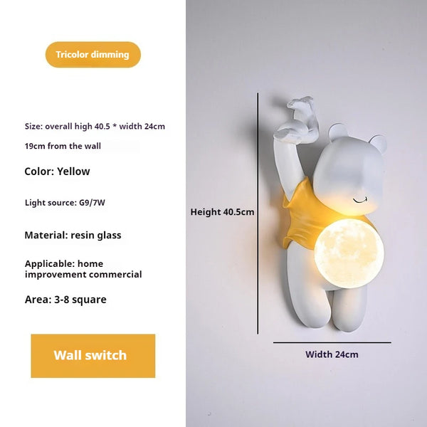 Bear shaped wall lamp, resin LED light with moon glass lampshade