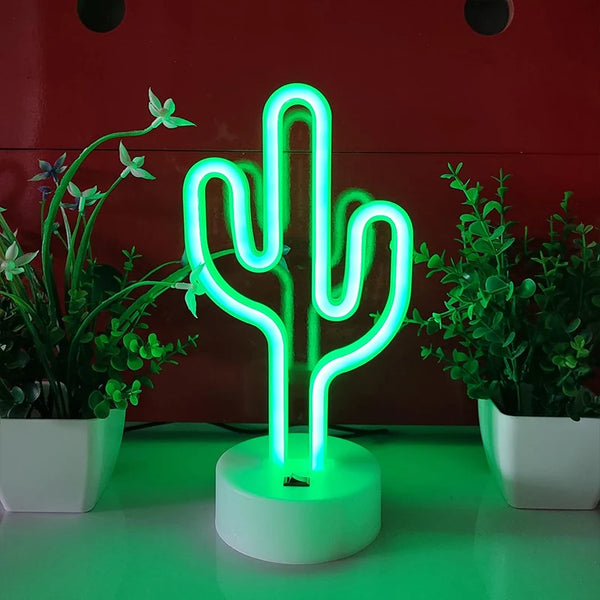 LED table lamp with cactus shaped neon lights, battery and USB powered