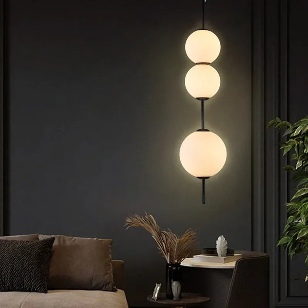 Modern LED pendant light with white glass sphere, interior decoration accessory