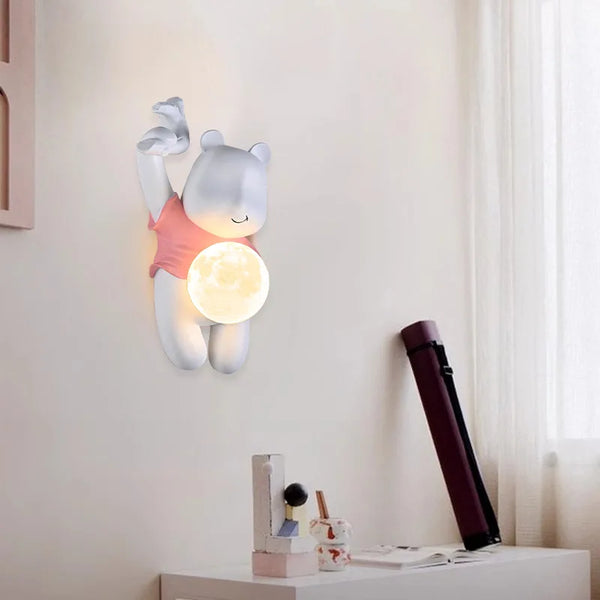 Bear shaped wall lamp, resin LED light with moon glass lampshade