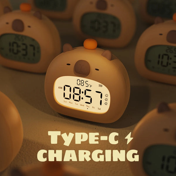 Bedside LED Clock Kids Alarm Clock Children's Sleep Trainier Temperature Display With Rechargeable Control Digital Cute Capybara