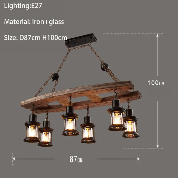 Retro industrial wood and iron pendant light with LED, pendant light with metallic sheen