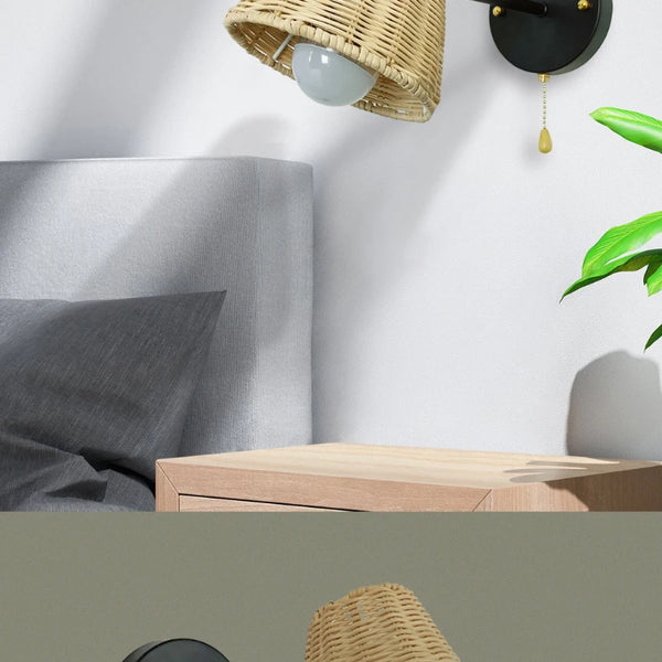Retro Nordic rattan bedside wall lamps