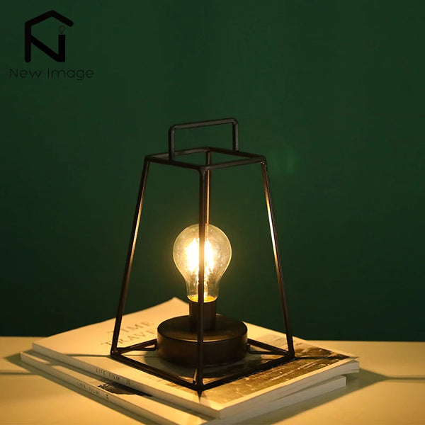 Retro Geometric Candle Holder, Black Iron Birdcage, Wireless Table Lamp, Battery Powered, Metal Crafts