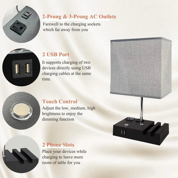 Bedside lamp with two fast USB charging ports, fully dimmable bedside table lamp