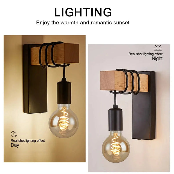 Retro Wooden LED Wall Lamp E27 220V 110V
