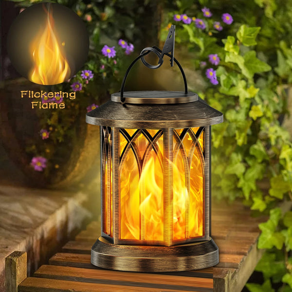 2-Pack Upgraded Flickering Flame Solar Lanterns β Hanging Outdoor Lights in Bronze & Black