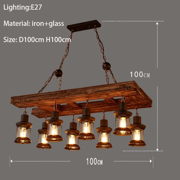 Retro industrial wood and iron pendant light with LED, pendant light with metallic sheen