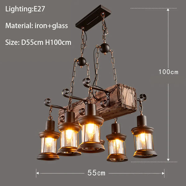 Retro industrial wood and iron pendant light with LED, pendant light with metallic sheen