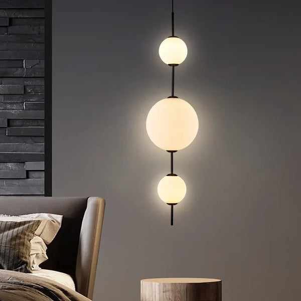 Modern LED pendant light with white glass sphere, interior decoration accessory