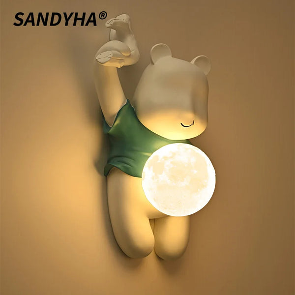 Bear shaped wall lamp, resin LED light with moon glass lampshade