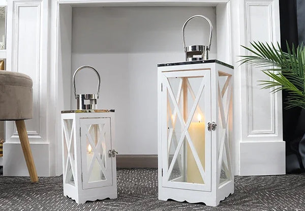 Farmhouse Wood Lantern Decorative Candle Holders with Tempered Glass & Stainless Steel Handle Hanging Lantern for Indoor Outdoor