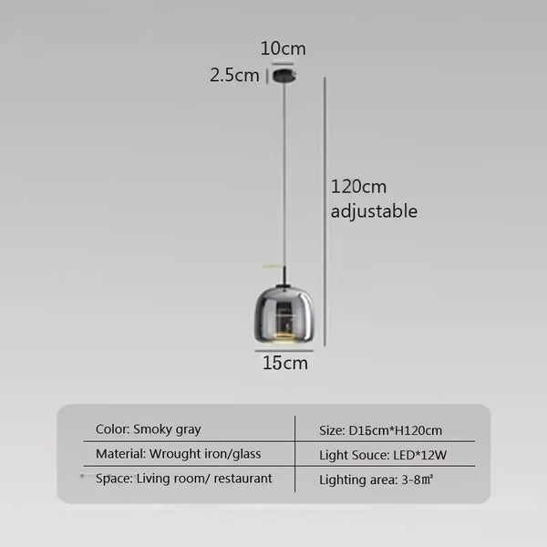 Modern LED pendant light, smoked glass 15/26/38 cm