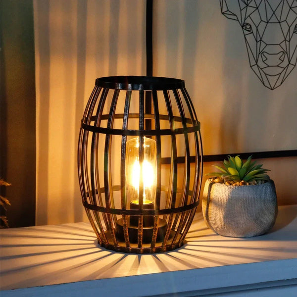 Decorative Battery Powered 8“H Cordless Metal Wine Barrel Lamp with 6-Hour Timer for Tabletop Home Patio(Black Brushed Gold)