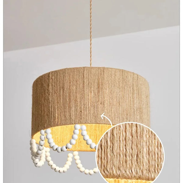 Japanese Wabi Sabi pendant light with wooden beads and hemp rope