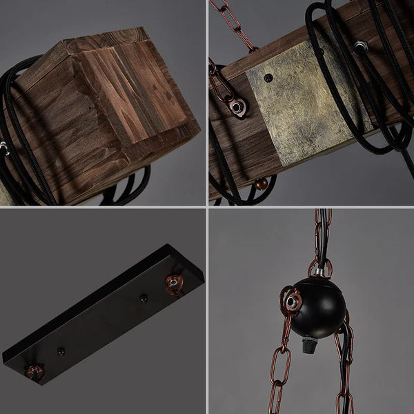 Retro industrial wood and iron pendant light with LED, pendant light with metallic sheen