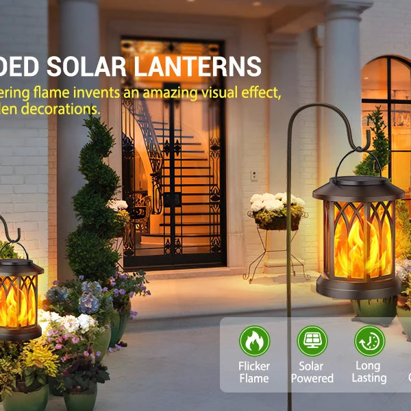 2-Pack Upgraded Flickering Flame Solar Lanterns β Hanging Outdoor Lights in Bronze & Black