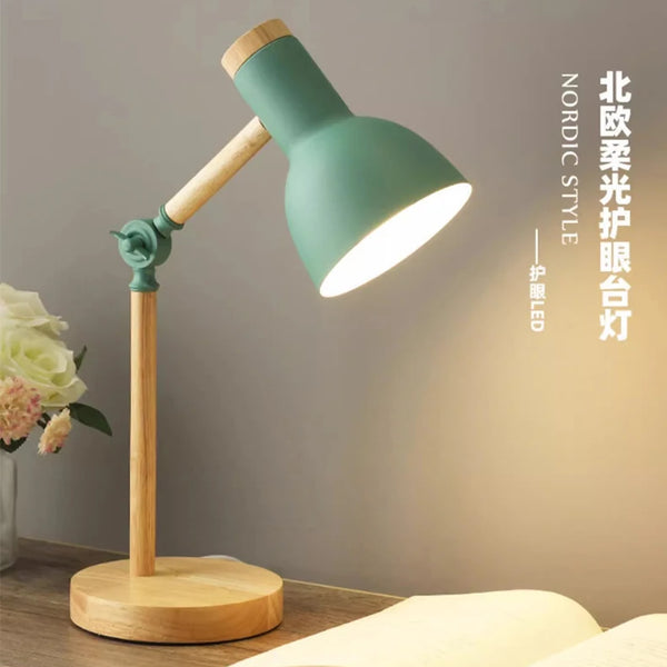 Creative Nordic Table Lamp Wooden Art LED Turn Head Simple Bedside Desk Light/Eye Protection Reading&Bedroom Study Lamp