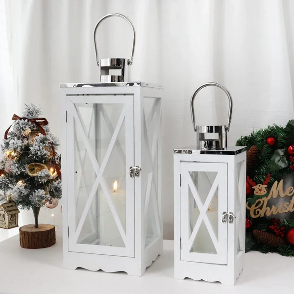 Farmhouse Wood Lantern Decorative Candle Holders with Tempered Glass & Stainless Steel Handle Hanging Lantern for Indoor Outdoor