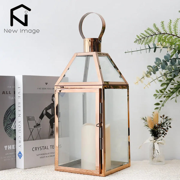 Rose Gold Stainless Steel Candle Holder Decorative Lanterns  with Tempered Glass Table Candle Stick Wedding Party Home Decor