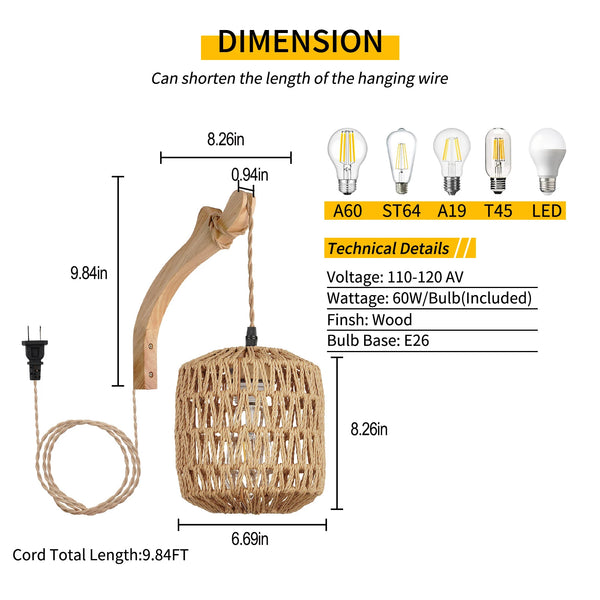 Led Rattan Wall Lamp Bedroom Living Room Woven Light Bedside Lamps E26 Retro Hemp Rope Lights Interior Decoration Fixtures