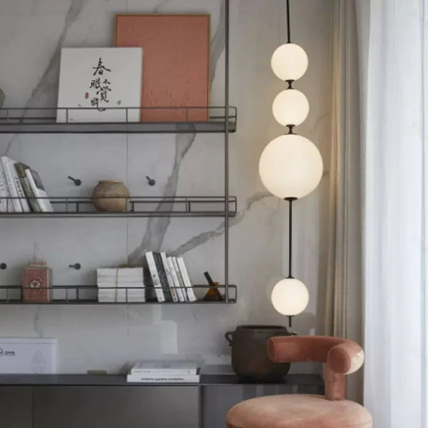 Modern LED pendant light with white glass sphere, interior decoration accessory